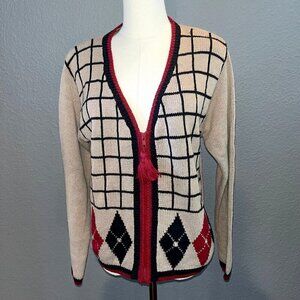 Vintage 70's 80's BOUNDARY WATERS Argyle Zip Up Padded Shoulder Cardigan Sweater